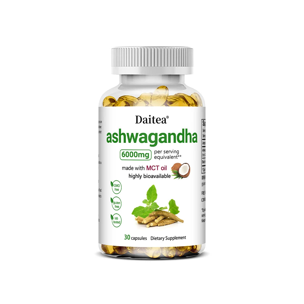 Cápsulas de extrato de raiz de Ashwagandha Suplemento de 6000 mg ajuda a estresse, foco, cérebro, suporte energético para saúde do sono, não OGM, vegano
