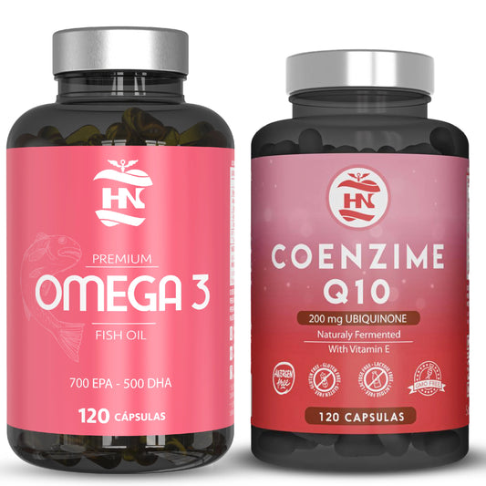 HN - Healthy Nutriton - Pack Omega 3 & Coenzima Q10  - Omega 3 Capsulas 2000 mg a Base de Aceite de Pescado Omega3-120 Perlas - Coenzima Q10 200mg mejora la Energía y Salud Cardiovascular, coq10 con con Vitamina E previene e