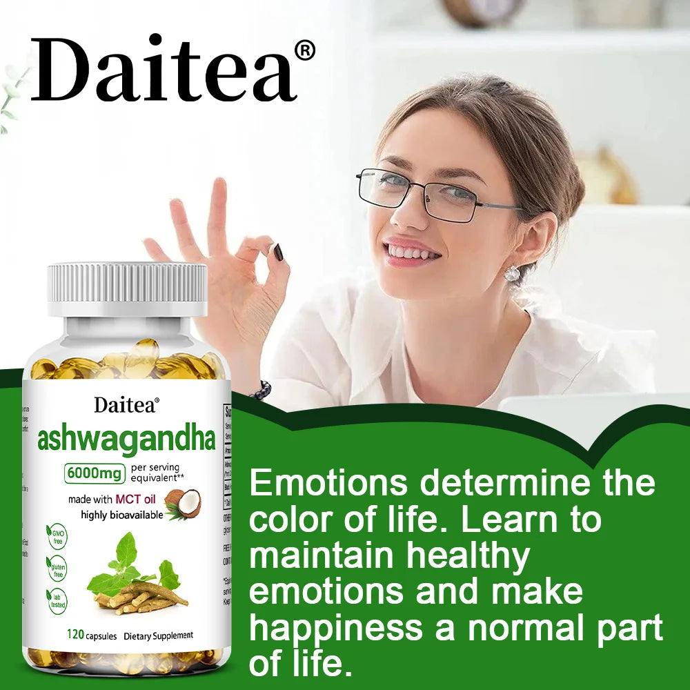 Cápsulas de extrato de raiz de Ashwagandha Suplemento de 6000 mg ajuda a estresse, foco, cérebro, suporte energético para saúde do sono, não OGM, vegano