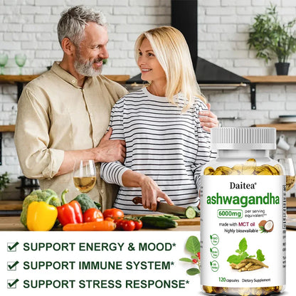 Cápsulas de extrato de raiz de Ashwagandha Suplemento de 6000 mg ajuda a estresse, foco, cérebro, suporte energético para saúde do sono, não OGM, vegano