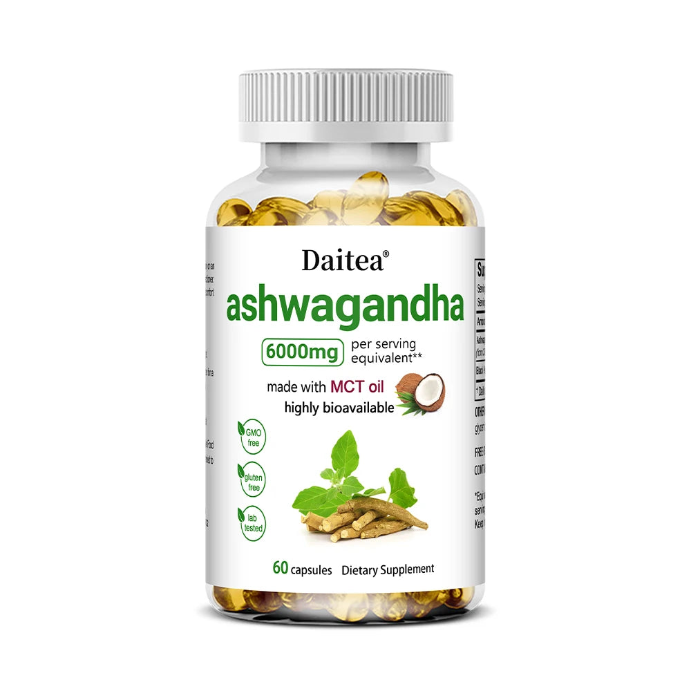 Cápsulas de extrato de raiz de Ashwagandha Suplemento de 6000 mg ajuda a estresse, foco, cérebro, suporte energético para saúde do sono, não OGM, vegano