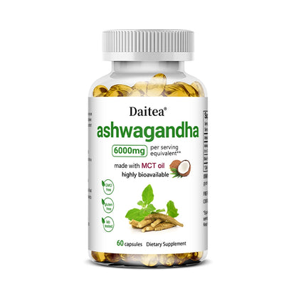 Cápsulas de extrato de raiz de Ashwagandha Suplemento de 6000 mg ajuda a estresse, foco, cérebro, suporte energético para saúde do sono, não OGM, vegano