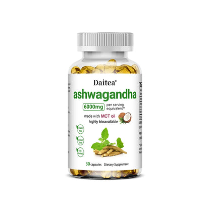 Cápsulas de extrato de raiz de Ashwagandha Suplemento de 6000 mg ajuda a estresse, foco, cérebro, suporte energético para saúde do sono, não OGM, vegano