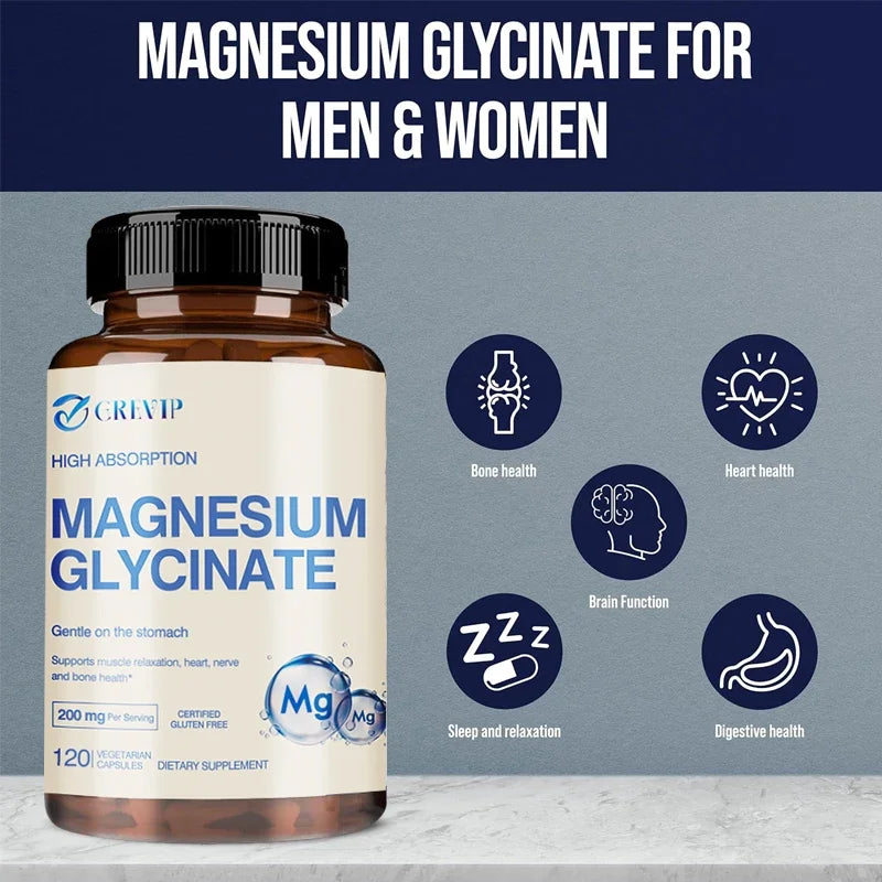 Magnesium Glycinate 200mg - Helps with Stress, Muscle, Sleep, Joints, Bones, Immune and Cardiovascular HealthSupplements