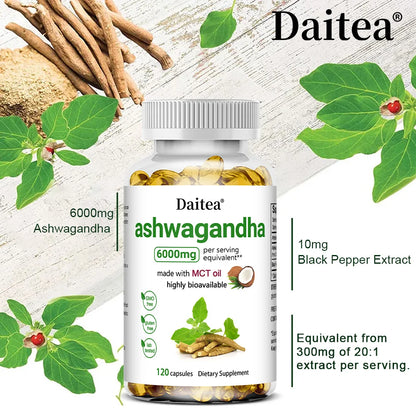 Cápsulas de extrato de raiz de Ashwagandha Suplemento de 6000 mg ajuda a estresse, foco, cérebro, suporte energético para saúde do sono, não OGM, vegano