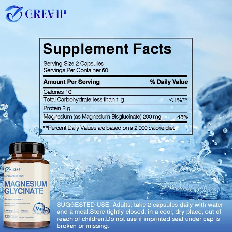 Magnesium Glycinate 200mg - Helps with Stress, Muscle, Sleep, Joints, Bones, Immune and Cardiovascular HealthSupplements