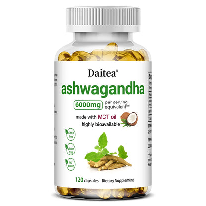 Cápsulas de extrato de raiz de Ashwagandha Suplemento de 6000 mg ajuda a estresse, foco, cérebro, suporte energético para saúde do sono, não OGM, vegano